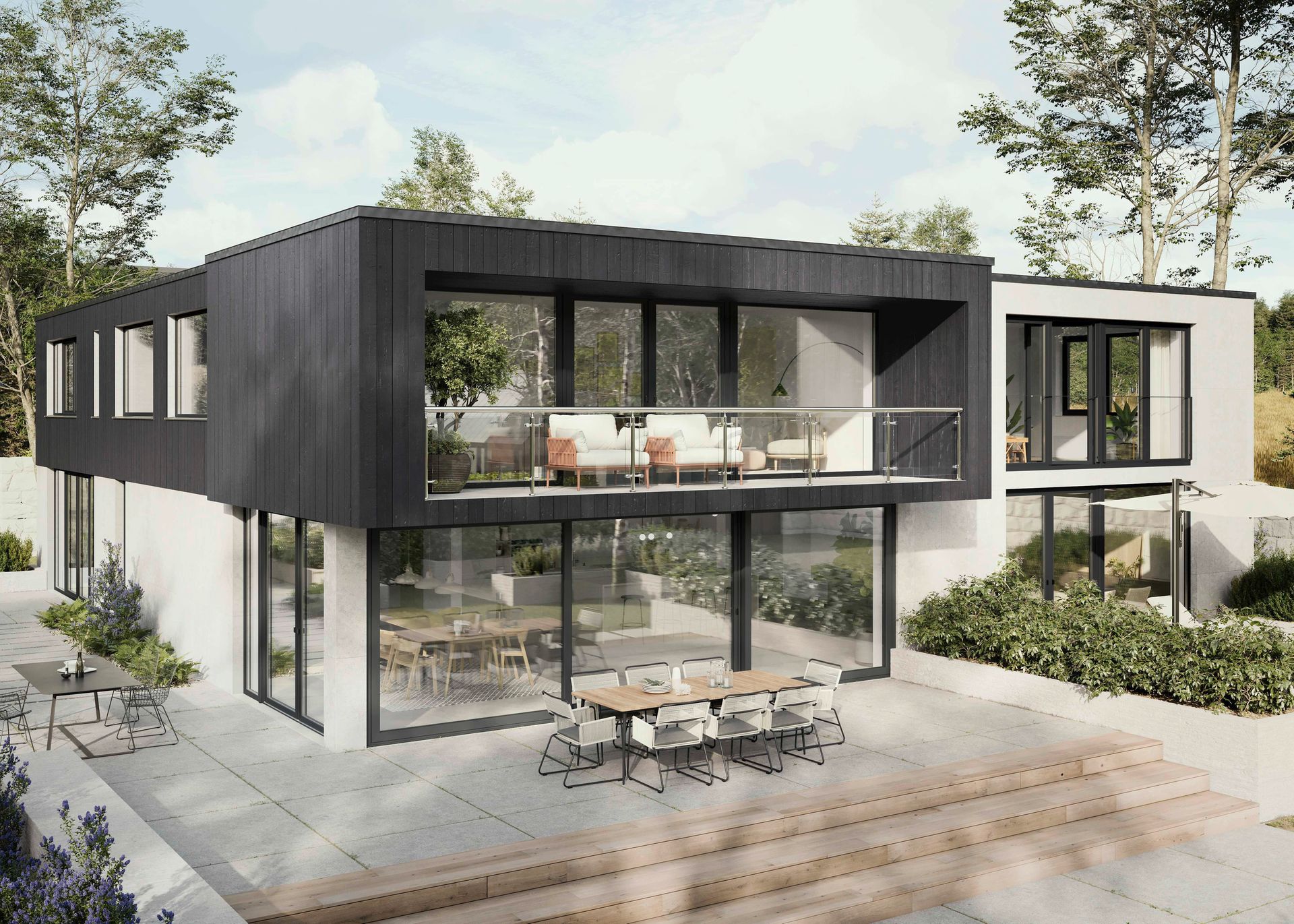 REHAU ARTEVO Fenster in einem modernen Einfamilienhaus mit großen Glasflächen