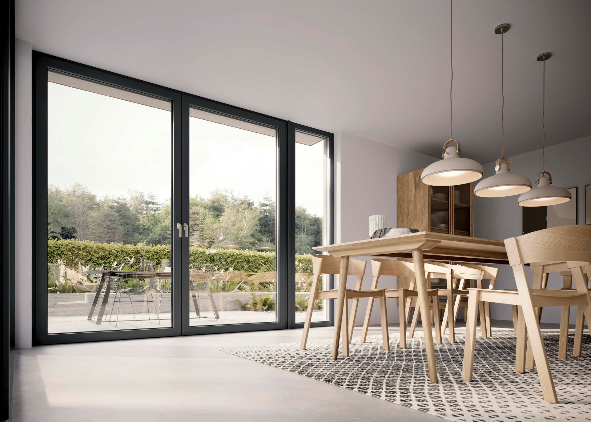 REHAU ARTEVO Fenstertüren in Anthrazit im modernen Essbereich