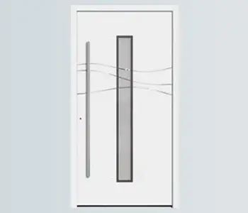 Moderne Aluminium-Haustür in Weiß von NORTA. Stilvoller Eingangsbereich mit dekorativem Glas und Sicherheitsgriff.