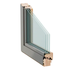 Alu-Holz-Fensterprofil im Querschnitt von NORTA. Kombiniert Langlebigkeit von Aluminium mit der natürlichen Ästhetik von Holz.