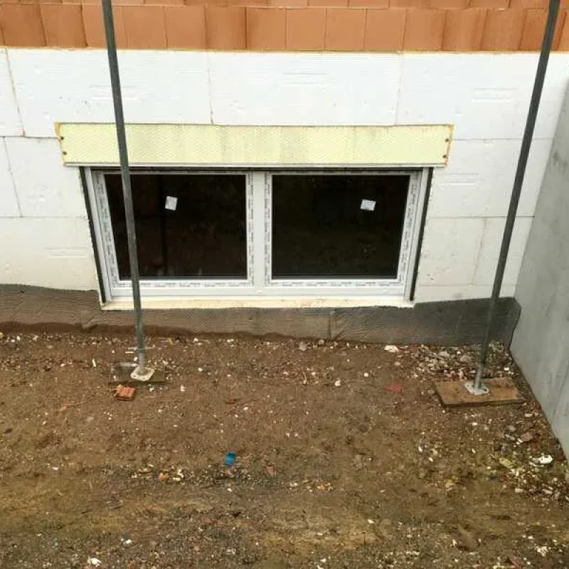 Eingebautes Fenster in der Bauphase von NORTA, zeigt den Fortschritt der Installation im Mauerwerk.