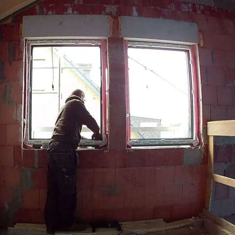 Fenstermontage in einem Rohbau von NORTA. Qualitätshandwerk für energieeffiziente Fensterlösungen im Bauprozess.