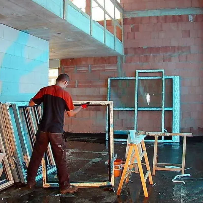 Fensterrahmen-Montage bei NORTA. Handwerker bei der Installation hochwertiger Fensterrahmen für optimale Isolierung.