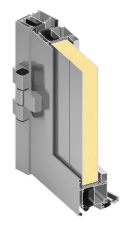 Schnittansicht eines grauen Haustürprofils von NORTA. Hochwertige Konstruktion für erhöhte Stabilität und Isolation.