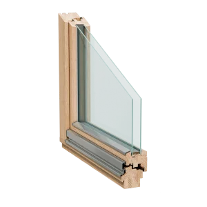 Holzfenster-Profil mit 80-mm Dicke, Schnittansicht von NORTA. Hochwertige Dämmung und stabile Konstruktion.