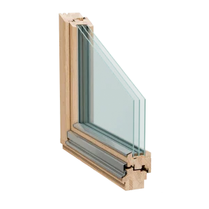 Holzfenster mit Dreifachverglasung und 90mm Profil von NORTA. Hochwertige Isolation und energieeffiziente Lösung für moderne Gebäude.