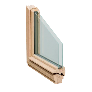 Holzfensterprofil im Querschnitt von NORTA. Hochwertige Holzausführung für optimale Isolierung und traditionelles Design.