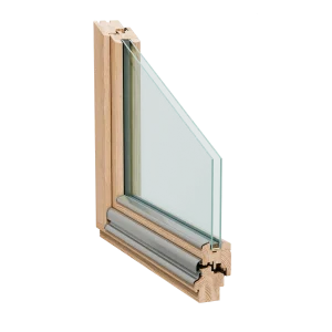 Holzfensterprofil mit Doppelverglasung von NORTA. Bietet hervorragende Dämmung und edles Design für Ihr Zuhause.