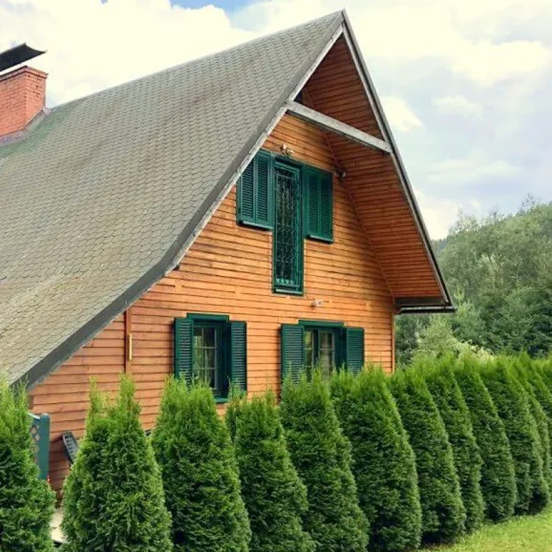 Holzhaus mit grünen Aluminium-Fensterläden von NORTA. Langlebige, wetterresistente Lösung für elegante Optik.