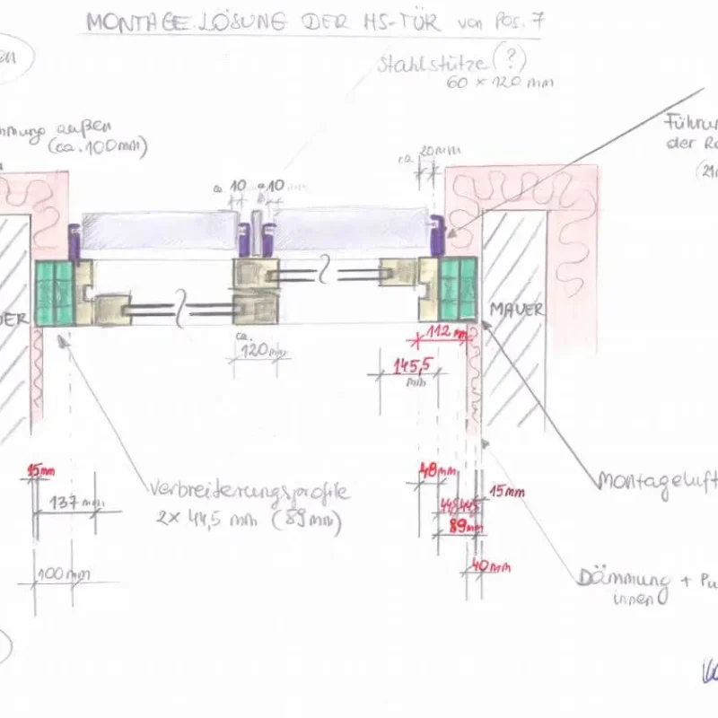 Technische Zeichnung der Montage einer Hebe-Schiebe-Tür von NORTA. Detailansicht der Dämmschichten und Einbauweise.