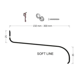 Montagewerkzeug Soft Line von NORTA. Technische Zeichnung mit Abmessungen und Zubehörteilen, ideal für Fensterinstallation.