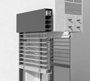 Raffstore-Kasten in Grau von NORTA. Effektiver Sonnenschutz für moderne Gebäude mit hochwertigem Design.