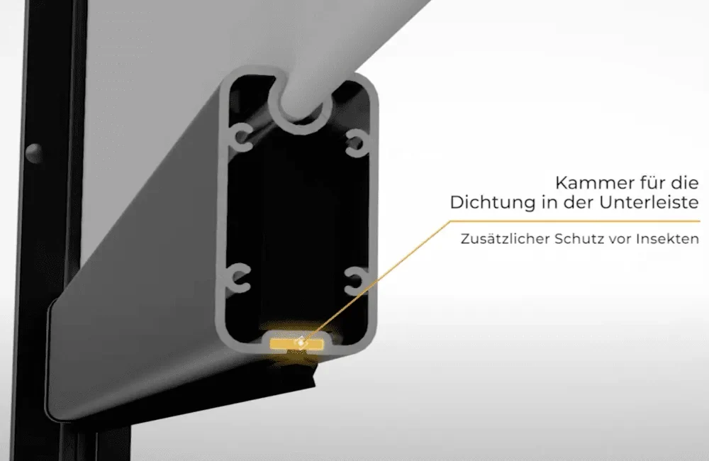 Detailaufnahme eines Screens von NORTA. Die Dichtungskammer bietet zusätzlichen Schutz vor Insekten.